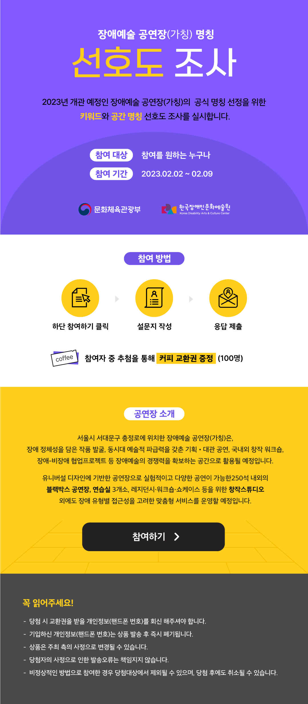 장애예술 공연장(가칭) 명칭 선호도 조사  2023년 개관 예정인 장애예술 공연장(가칭)의 공식 명칭 선정을 위한 키워드와 공간 명칭 선호도 조사를 실시합니다.  참여 대상 참여를 원하는 누구나 참여 기간 2023.02.02 ~ 02.09   <공연장 소개>  서울시 서대문구 충정로에 위치한 장애예술 공연장(가칭)은, 장애 정체성을 담은 작품 발굴, 동시대 예술적 파급력을 갖춘 기획•대관 공연, 국내외 창작 워크숍,  장애-비장애 협업프로젝트 등 장애예술의 경쟁력을 확보하는 공간으로 활용될 예정입니다.  유니버설 디자인에 기반한 공연장으로 실험적이고 다양한 공연이 가능한250석 내외의  블랙박스 공연장, 연습실 3개소, 레지던시·워크숍·쇼케이스 등을 위한 창작스튜디오 외에도 장애 유형별 접근성을 고려한 맞춤형 서비스를 운영할 예정입니다.   <꼭 읽어주세요!> - 당첨 시 교환권을 받을 개인정보(핸드폰 번호)를 회신 해주셔야 합니다.  - 기입하신 개인정보(핸드폰 번호)는 상품 발송 후 즉시 폐기됩니다. - 상품은 주최 측의 사정으로 변경될 수 있습니다. - 당첨자의 사정으로 인한 발송오류는 책임지지 않습니다. - 비정상적인 방법으로 참여한 경우 당첨대상에서 제외될 수 있으며, 당첨 후에도 취소될 수 있습니다.