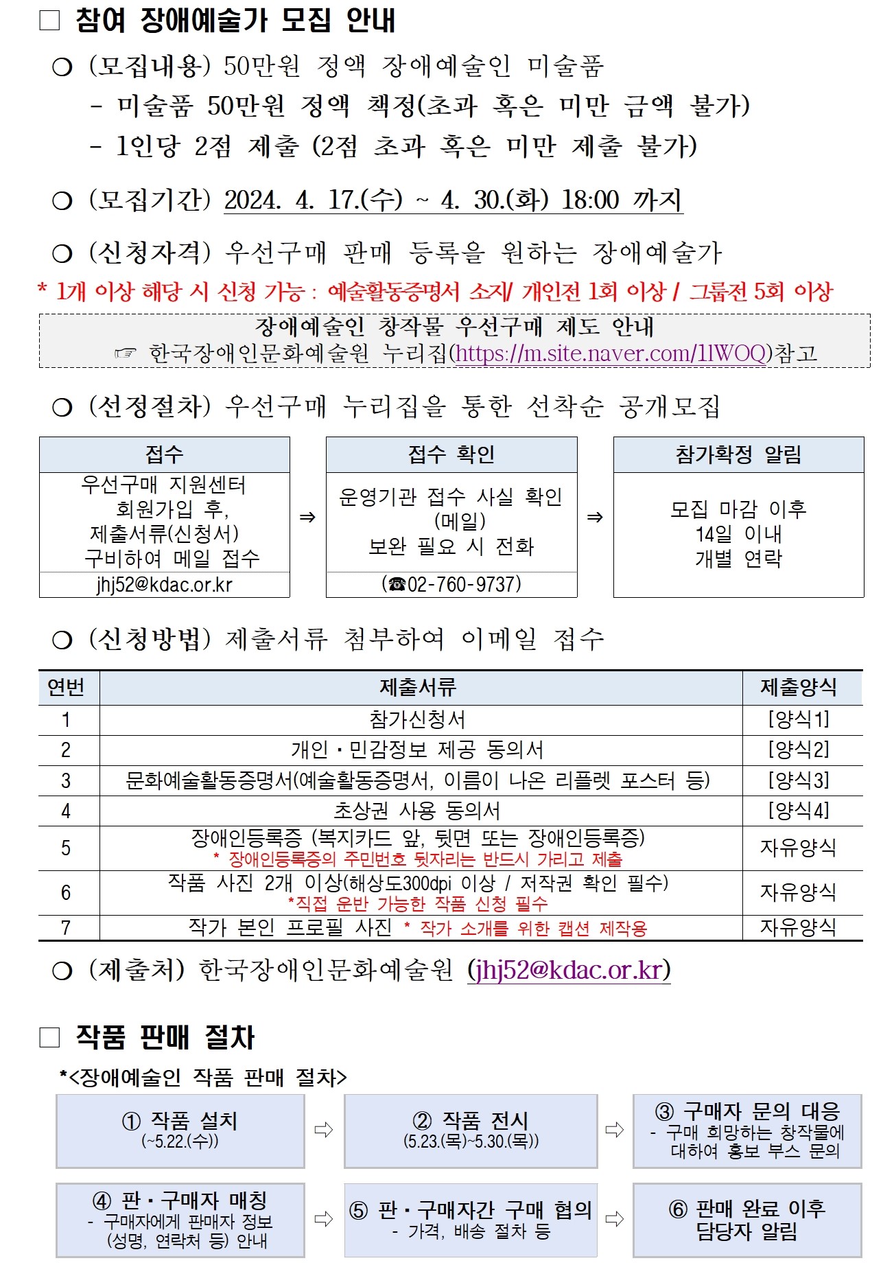 □ 참여 장애예술가 모집 안내  ❍ (모집내용) 50만원 정액 장애예술인 미술품 　  - 미술품 50만원 정액 책정(초과 혹은 미만 금액 불가)     - 1인당 2점 제출 (2점 초과 혹은 미만 제출 불가)  ❍ (모집기간) 2024. 4. 17.(수) ~ 4. 30.(화) 18:00 까지  ❍ (신청자격) 우선구매 판매 등록을 원하는 장애예술가  장애예술인 창작물 우선구매 제도 안내  　☞ 한국장애인문화예술원 누리집(https://m.site.naver.com/1lWOQ)참고 * 1개 이상 해당 시 신청 가능 : 예술활동증명서 소지/ 개인전 1회 이상 / 그룹전 5회 이상   ❍ (선정절차) 우선구매 누리집을 통한 선착순 공개모집  접수 ⇒ 접수 확인 ⇒ 참가확정 알림  우선구매 지원센터 회원가입 후, 제출서류(신청서) 구비하여 메일 접수 운영기관 접수 사실 확인 (메일) 보완 필요 시 전화 모집 마감 이후 14일 이내 개별 연락 jhj52@kdac.or.kr (☎02-760-9737)   ❍ (신청방법) 제출서류 첨부하여 이메일 접수  연번 제출서류 제출양식 1 참가신청서 [양식1] 2 개인·민감정보 제공 동의서 [양식2] 3 문화예술활동증명서(예술활동증명서, 이름이 나온 리플렛 포스터 등) [양식3] 4 초상권 사용 동의서 [양식4] 5 장애인등록증 (복지카드 앞, 뒷면 또는 장애인등록증) * 장애인등록증의 주민번호 뒷자리는 반드시 가리고 제출 자유양식 6 작품 사진 2개 이상(해상도300dpi 이상 / 저작권 확인 필수) *직접 운반 가능한 작품 신청 필수 자유양식 ７ 작가 본인 프로필 사진 * 작가 소개를 위한 캡션 제작용 자유양식   ❍ (제출처) 한국장애인문화예술원 (jhj52@kdac.or.kr) □ 작품 판매 절차  *<장애예술인 작품 판매 절차> ➀ 작품 설치 (~5.22.(수)) ⇨ ② 작품 전시 (5.23.(목)~5.30.(목)) ⇨ ➂ 구매자 문의 대응 - 구매 희망하는 창작물에 대하여 홍보 부스 문의      ➃ 판·구매자 매칭 - 구매자에게 판매자 정보   (성명, 연락처 등) 안내 ⇨ ➄ 판·구매자간 구매 협의 - 가격, 배송 절차 등 ⇨ ➅ 판매 완료 이후  담당자 알림