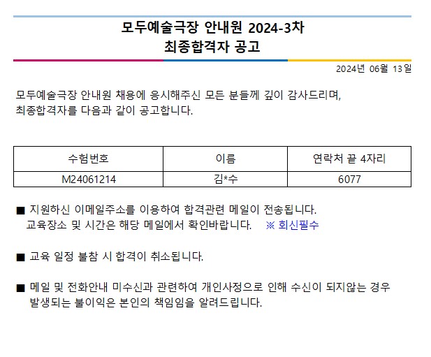 2024년 06월 13일 수험번호 이름 연락처 끝 4자리 M24061214 김*수 6077 모두예술극장 안내원 2024-3차 최종합격자 공고 모두예술극장 안내원 채용에 응시해주신 모든 분들께 깊이 감사드리며, 최종합격자를 다음과 같이 공고합니다. ■ 지원하신 이메일주소를 이용하여 합격관련 메일이 전송됩니다. 교육장소 및 시간은 해당 메일에서 확인바랍니다. ※ 회신필수 ■ 교육 일정 불참 시 합격이 취소됩니다. ■ 메일 및 전화안내 미수신과 관련하여 개인사정으로 인해 수신이 되지않는 경우 발생되는 불이익은 본인의 책임임을 알려드립니다.