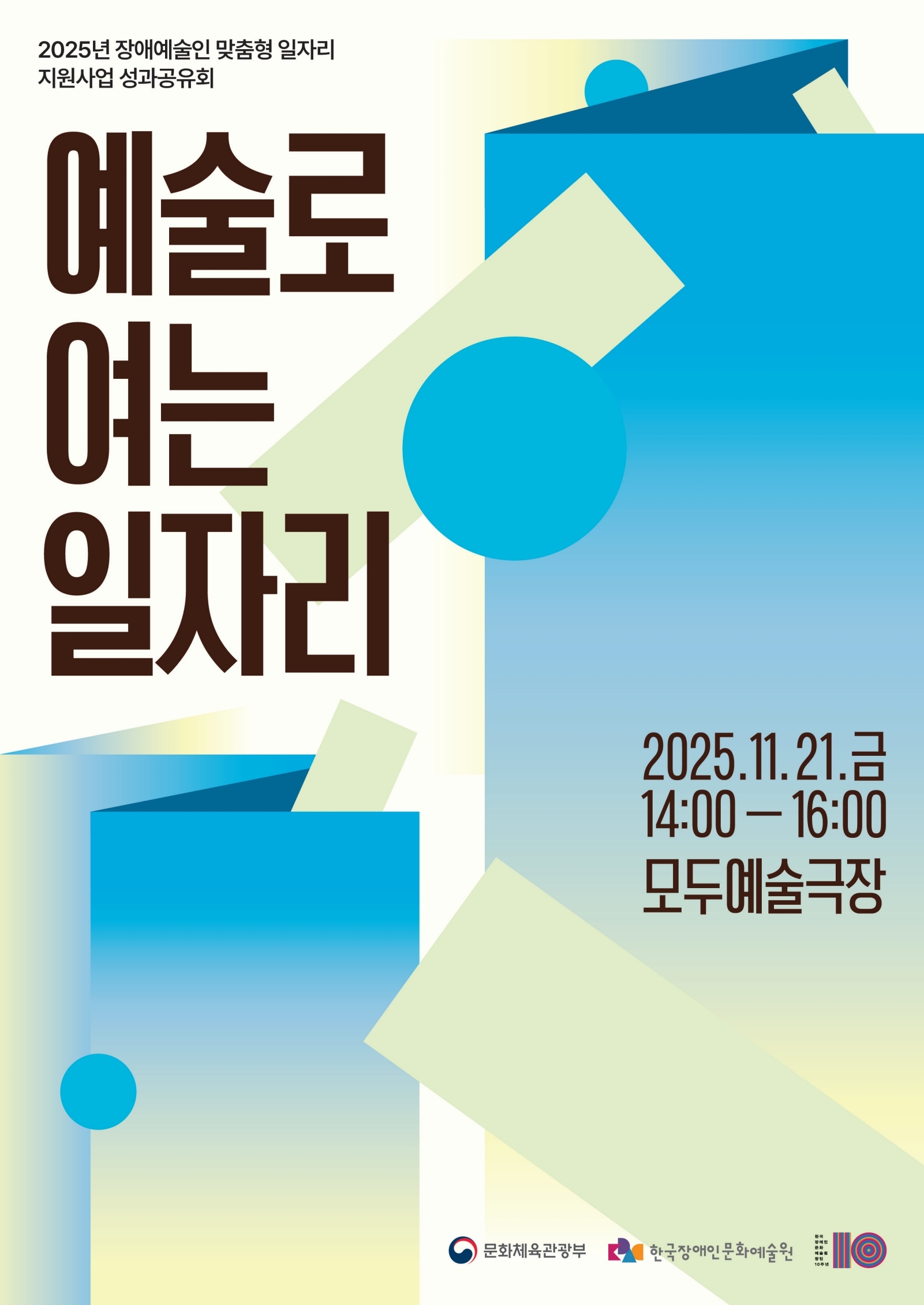 2025년 장애예술인 맞춤형 일자리 지원사업 성과공유회 예술로 여는 일자리 포스터 2025년 11월 21일 금 14시부터 16시까지 모두예술극장에서 진행