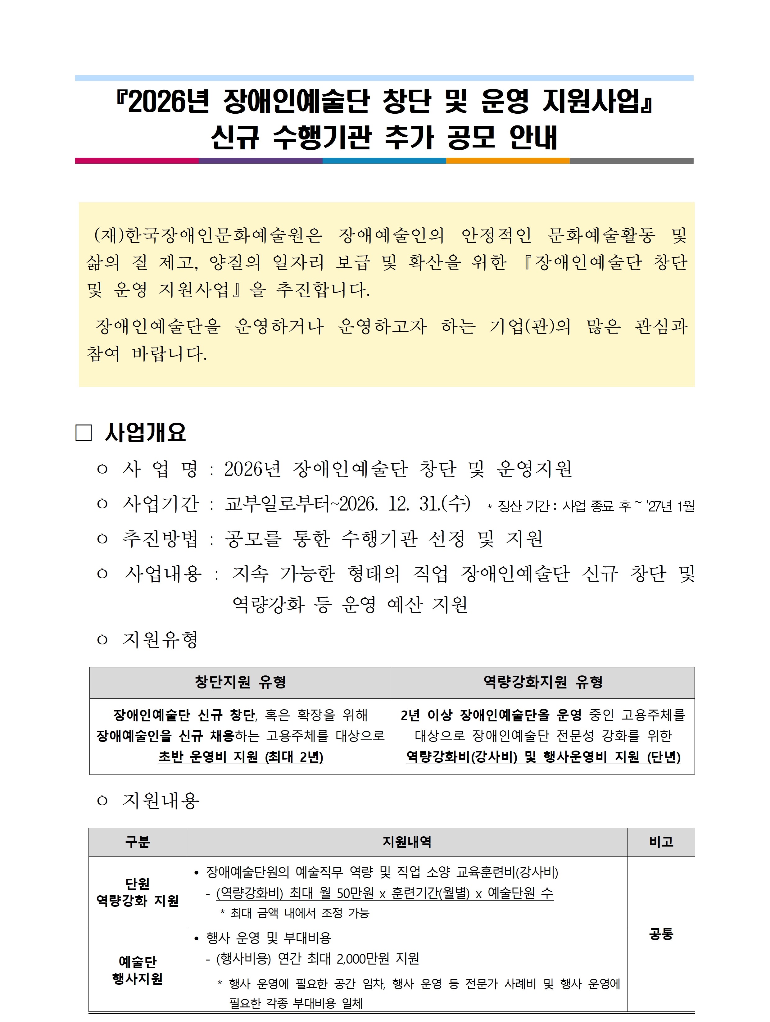 2026년 장애인예술단 창단 및 운영 지원사업 신규 수행기관 추가 공모 안내 
(재)한국장애인문화예술원은 장애예술인의 안정적인 문화예술활동 및 삶의 질 제고, 양질의 일자리 보급 및 확산을 위한 장애인예술단 창단 및 운영 지원사업을 추진합니다. 장애인예술단을 운영하거나 운영하고자 하는 기업(관)의 많은 관심과 참여 바랍니다.
공고 안내에 대한 이미지는 붙임1. 2026년 창단 및 운영 지원사업 추가 모집 공고문_보이스아이 포함.pdf 파일의 내용과 동일하오니 붙임문서를 참조해주시기 바랍니다